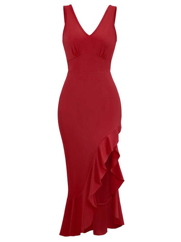 New V - neck sleeveless ruffled hem dress - Nightout dress